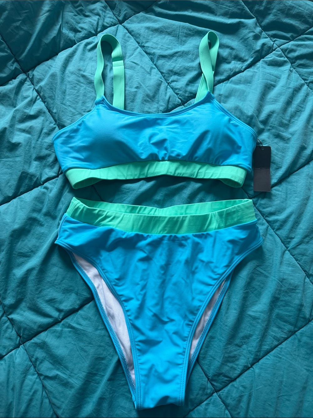 Blue Two-Piece High Waisted Bikini Set with Mint Trim